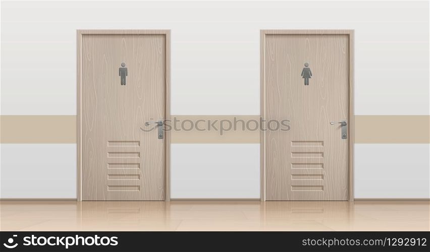Toilet doors. Realistic interior mockup with closed bathroom doors for men and women visitors. Vector toilet entrance with placing signs public wc. Toilet doors. Realistic interior mockup with bathroom doors for men and women visitors. Vector toilet entrance with signs