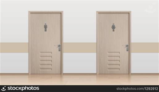 Toilet doors. Realistic interior mockup with closed bathroom doors for men and women visitors. Vector toilet entrance with placing signs public wc. Toilet doors. Realistic interior mockup with bathroom doors for men and women visitors. Vector toilet entrance with signs