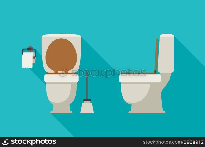 Toilet flat illustration front and side views, with toilet paper and brush.