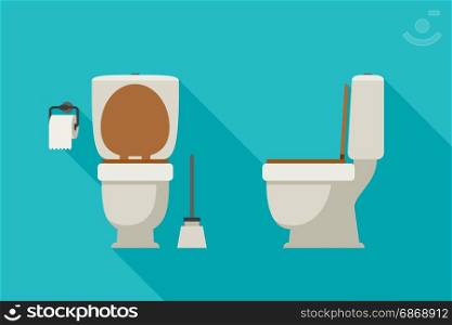 Toilet flat illustration front and side views, with toilet paper and brush.