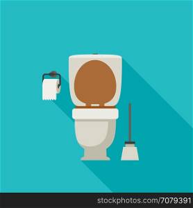 Toilet flat illustration.. Toilet flat illustration with toilet paper and toilet brush.