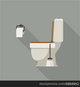 Toilet flat illustration.. Toilet side view, with toilet paper and brush.