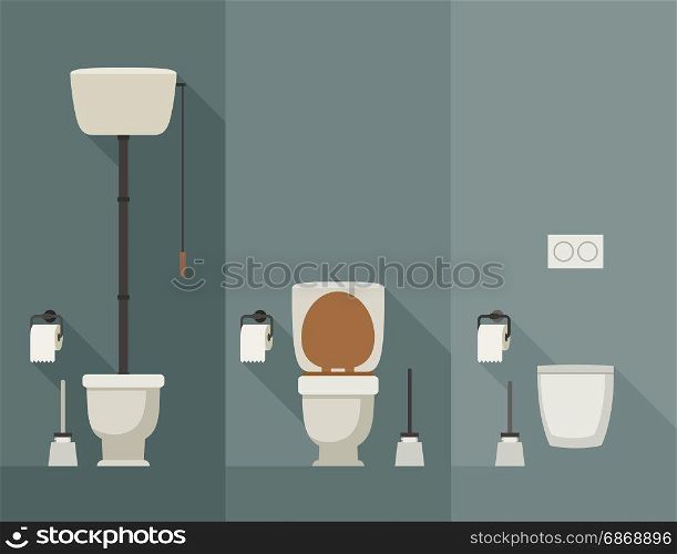 Toilet flat illustration.. Toilets with long shadow in flat style. Vector simple illustration of toilets with toilet paper and brush.