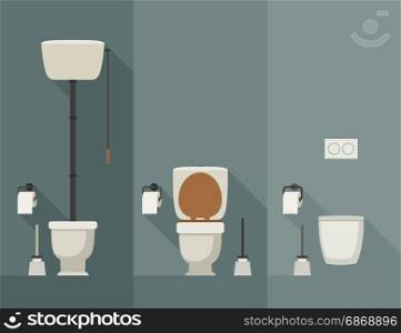 Toilet flat illustration.. Toilets with long shadow in flat style. Vector simple illustration of toilets with toilet paper and brush.