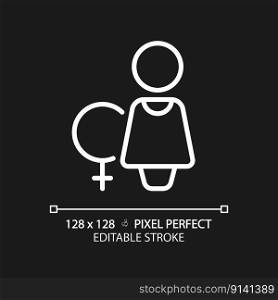 Toilet for women pixel perfect white linear icon for dark theme. Public restroom door marking. Closed space for ladies hygiene. Thin line illustration. Isolated symbol for night mode. Editable stroke. Toilet for women pixel perfect white linear icon for dark theme