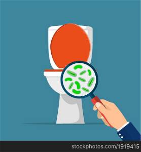 Toilet hygiene concept. Hand with magnifying glass showing bacteria in the toilet bowl. Toilet hygiene concept.