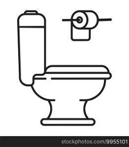 Toilet icon vector in outline style. Toilet bowl, toilet paper roll shown.. Toilet icon vector in outline style. Toilet bowl, toilet paper roll
