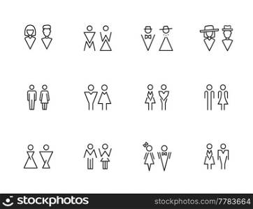 Toilet icons and symbols of male and female restroom. Water closet vector signs of isolated thin line silhouettes of man and woman, lady and gentleman figures for public toilet. Toilet icons and symbols, male and female restroom