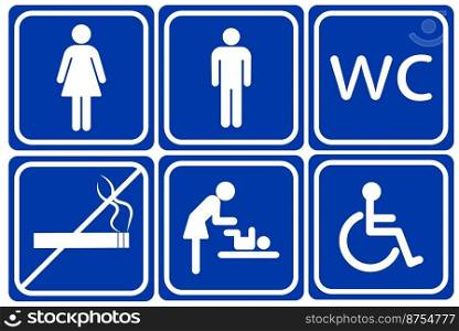 Toilet line icon set on blue backgrounds. WC sign. Man, woman, mother with baby and symbol. Restroom for male, female. Vector  illustration