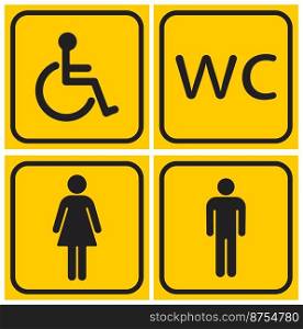 Toilet line icon set on yellow backgrounds. WC sign. Man, woman, mother with baby and symbol. Restroom for male, female. Vector  illustration