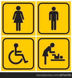 Toilet line icon set on yellow backgrounds. WC sign. Man, woman, mother with baby and symbol. Restroom for male, female. Vector  illustration