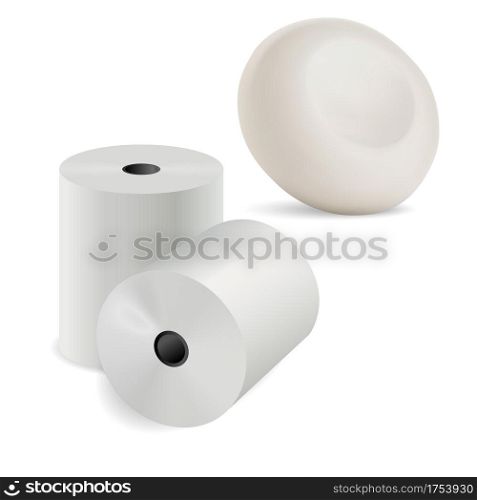 Toilet paper 3d roll. Kitchen towel, round soap bar realistic illustration. Recycle paper sheet set, round tube template, bathroom lavatory care. Loo paper, public wc. Toilet paper 3d roll. Kitchen towel Round soap bar