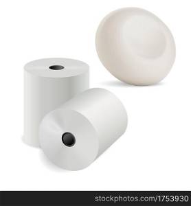 Toilet paper 3d roll. Kitchen towel, round soap bar realistic illustration. Recycle paper sheet set, round tube template, bathroom lavatory care. Loo paper, public wc. Toilet paper 3d roll. Kitchen towel Round soap bar