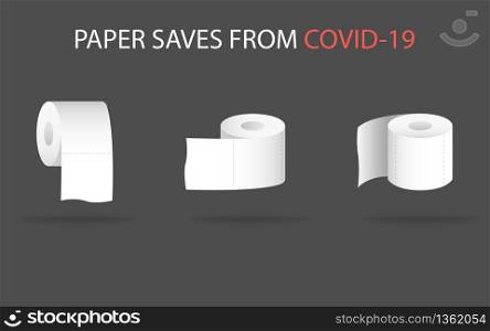 Toilet paper in wc. Isolated icons for bathroom and restroom. Anti covid-19 and coronavirus set. Washroom set of paper roll. Vector EPS 10.