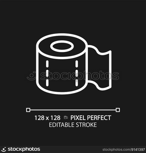 Toilet paper pixel perfect white linear icon for dark theme. Supplies for personal hygiene. Tissue material. Restroom accessory. Thin line illustration. Isolated symbol for night mode. Editable stroke. Toilet paper pixel perfect white linear icon for dark theme