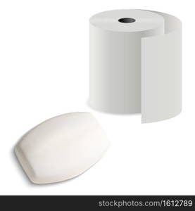 Toilet paper roll with soap bar, vector mockup illustration. Realistic solid bar with kitchen towel cylinder pack for gygiene. Spa or bath cosmetics design mock up top view. Body care design. Toilet paper roll with soap bar, vector mockup