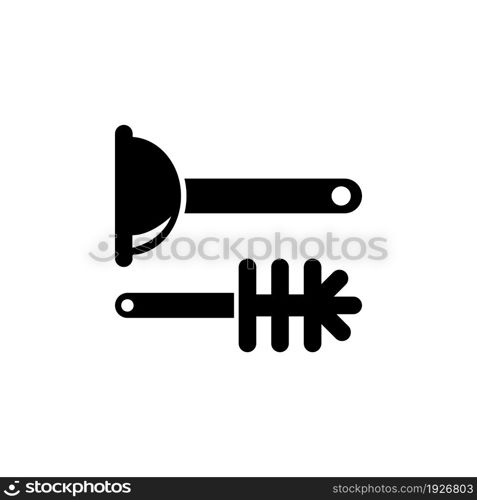 Toilet Plunger with Brush, Bathroom Clean Equipment. Flat Vector Icon illustration. Simple black symbol on white background. Toilet Plunger and Brush sign design template for web and mobile UI element. Toilet Plunger with Brush, Bathroom Clean Equipment Flat Vector Icon