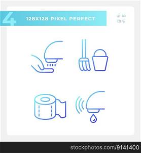 Toilet room equipment pixel perfect gradient linear vector icons set. Supplies for hygiene. Restroom visitor service. Thin line contour symbol designs bundle. Isolated outline illustrations collection. Toilet room equipment pixel perfect gradient linear vector icons set