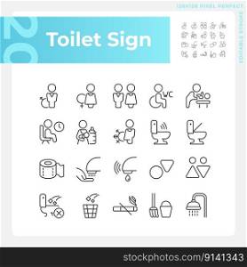 Toilet sign pixel perfect linear icons set. Public restroom marking symbols. Water closet rooms hygiene. Customizable thin line symbols. Isolated vector outline illustrations. Editable stroke. Toilet sign pixel perfect linear icons set