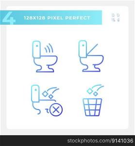 Toilet usage recommendations pixel perfect gradient linear vector icons set. Toilet bowls automation. Thin line contour symbol designs bundle. Isolated outline illustrations collection. Toilet usage recommendations pixel perfect gradient linear vector icons set