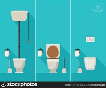 Toilets in flat style.. Toilets with long shadow. Vector flat illustration of toilets with toilet paper and brush.