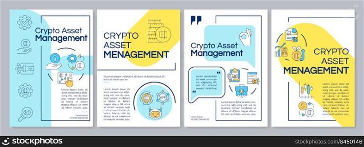 Tokenized assets management blue and yellow brochure template. Crypto. Leaflet design with linear icons. Editable 4 vector layouts for presentation, annual reports. Questrial, Lato-Regular fonts used. Tokenized assets management blue and yellow brochure template