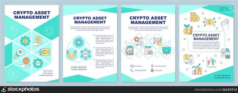 Tokenized assets management mint brochure template. Crypto. Leaflet design with linear icons. Editable 4 vector layouts for presentation, annual reports. Arial-Black, Myriad Pro-Regular fonts used. Tokenized assets management mint brochure template