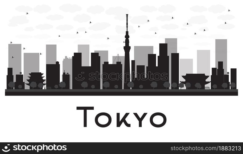 Tokyo City skyline black and white silhouette. Vector illustration. Simple flat concept for tourism presentation, banner, placard or web site. Business travel concept. Cityscape with famous landmarks