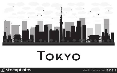 Tokyo City skyline black and white silhouette. Vector illustration. Simple flat concept for tourism presentation, banner, placard or web site. Business travel concept. Cityscape with famous landmarks
