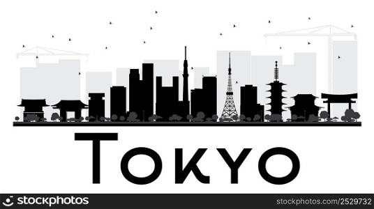 Tokyo City skyline black and white silhouette. Vector illustration. Simple flat concept for tourism presentation, banner, placard or web site. Business travel concept. Cityscape with landmarks