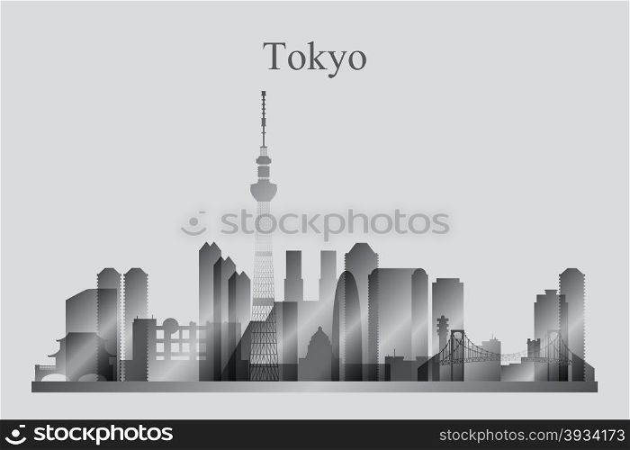 Tokyo city skyline silhouette in grayscale, vector illustration