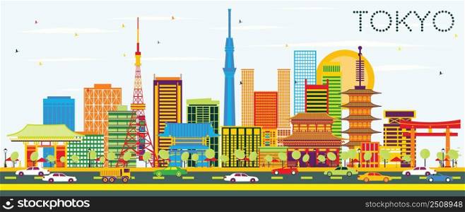 Tokyo Skyline with Color Buildings and Blue Sky. Vector Illustration. Business Travel and Tourism Concept with Modern Architecture. Image for Presentation Banner Placard and Web Site.