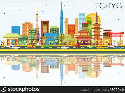 Tokyo Skyline with Color Buildings, Blue Sky and Reflections. Vector Illustration. Business Travel and Tourism Concept with Modern Architecture. Image for Presentation Banner Placard and Web Site.