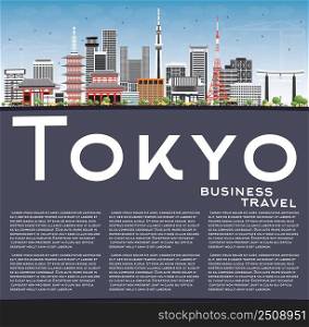 Tokyo Skyline with Gray Buildings, Blue Sky and Copy Space. Vector Illustration. Business Travel and Tourism Concept with Modern Architecture. Image for Presentation Banner Placard and Web Site.