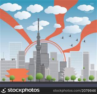 Tokyo skyline with skyscrapers and sun Vector illustration