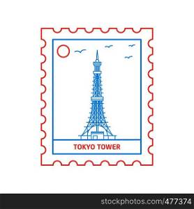 TOKYO TOWER postage stamp Blue and red Line Style, vector illustration