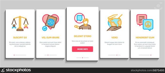 Tolerance And Equality Onboarding Mobile App Page Screen Vector. Tolerance For Different Religion And Race, People With Disabilities And Gender Illustrations. Tolerance And Equality Onboarding Elements Icons Set Vector