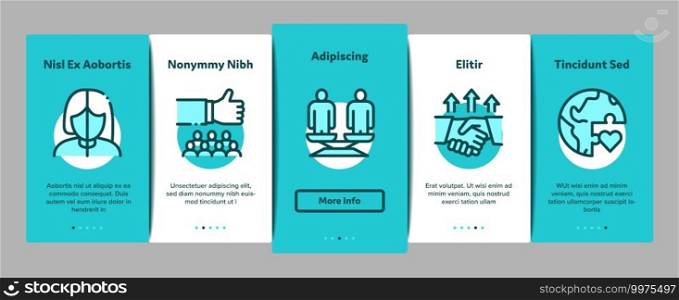 Tolerance And Equality Onboarding Mobile App Page Screen Vector. Tolerance For Different Religion And Race, People With Disabilities And Gender Illustrations. Tolerance And Equality Onboarding Elements Icons Set Vector