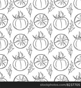 Tomato and leaves hand engraved seamless pattern. Ink sketch tomatoes background. Print for packaging, paper and design, vector illustration. Tomato and leaves hand engraved seamless pattern