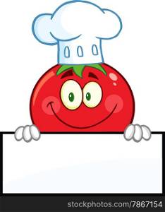 Tomato Chef Cartoon Mascot Character Over A Blank Sign