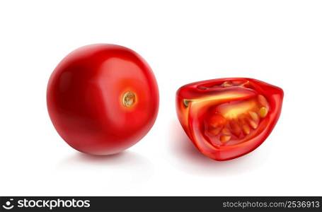Tomato cherry, juicy red tomatoes whole and slice, realistic vector illustration isolated on white background. Chopped pomodoro, raw organic vegetable. Tomato cherry, red tomatoes whole and slice