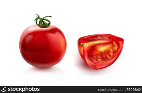 Tomato cherry, red tomatoes whole and slice with green stalk, realistic vector illustration isolated on white background. Chopped pomodoro, raw organic vegetable. Tomato cherry, red tomatoes with green stalk