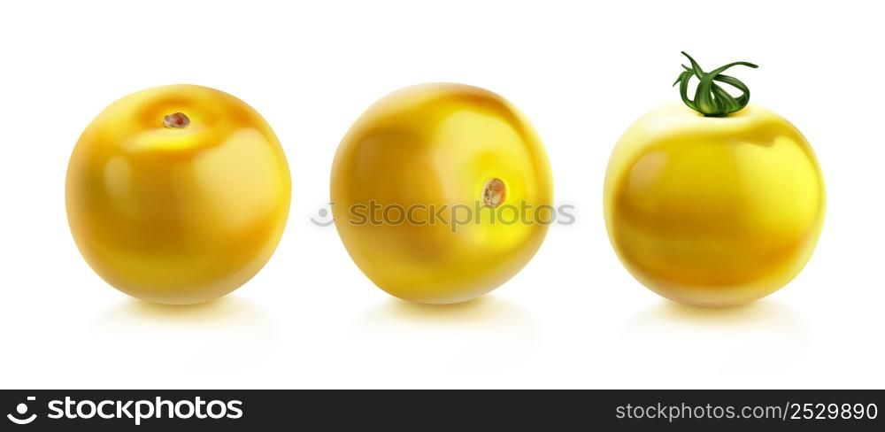 Tomato cherry, yellow tomatoes whole with green stalk, realistic vector illustration isolated on white background. Ripe pomodoro, raw organic vegetable. Tomato cherry, yellow tomatoes with green stalk