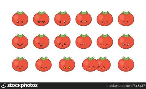Tomato cute kawaii mascot. Set kawaii food faces expressions smile emoticons.
