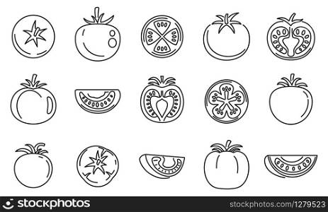 Tomato food icons set. Outline set of tomato food vector icons for web design isolated on white background. Tomato food icons set, outline style