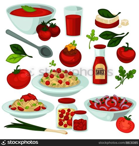 Tomato food meals, salads and dishes with tomatoes vegetable ingredient. Vector tomato soup gazpacho, pasta with tomatoes ketchup sauce and juice drink or salad and pickles flat isolated icons set. Tomato food meals, salads and dishes with tomatoes vegetable ingredient.