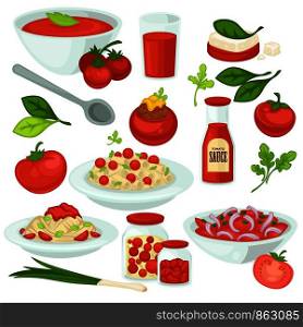 Tomato food meals, salads and dishes with tomatoes vegetable ingredient. Vector tomato soup gazpacho, pasta with tomatoes ketchup sauce and juice drink or salad and pickles flat isolated icons set. Tomato food meals, salads and dishes with tomatoes vegetable ingredient.