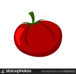 Tomato fruit, ripe veggie isolated on white in cartoon style. Red vegetable with green stalk for salad flat design, color dieting organic food vector icon. Tomato Ripe Veggie Isolated on White Vector Icon