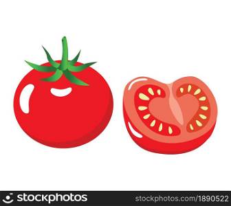 Tomato fruit whole and half isolated icon. Vector illustration.