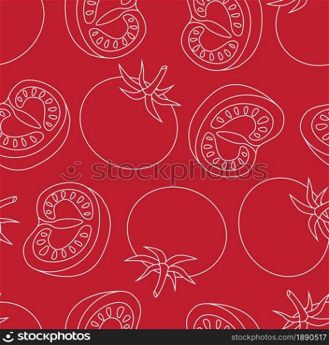 Tomato fruit whole and half outline on red background seamless pattern. Vector illustration.